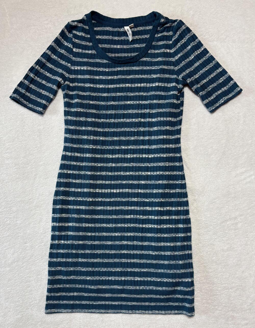Kensie Dress Womens Small Blue Striped Ribbed Knit T-Shirt Bodycon Short Casual